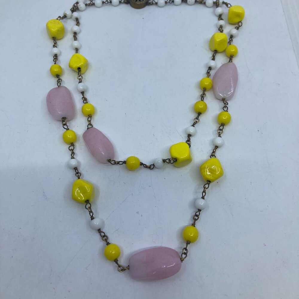 Vtg 1930s LOUIS ROUSSELET MADE in FRANCE pink/yellow glass beads necklace